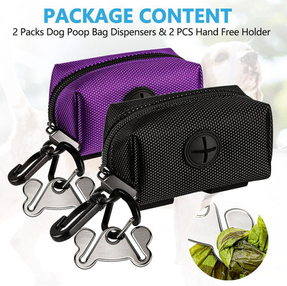 Dog Poop Bag Dispenser & Carrier Set — 2 Pack, Purple & Black | Soft Oxford Fabric, Leash Attachment | Hands-Free Walking Set with Waste Bag Holder | Fits Any Leash or Harness