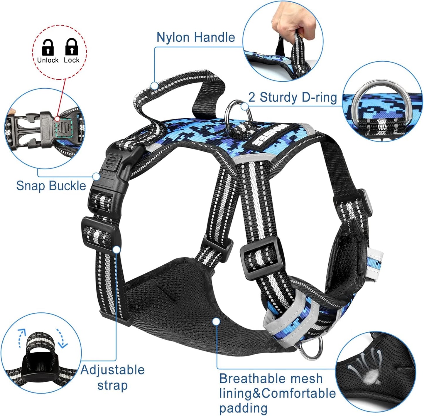 WINSEE No-Pull Dog Harness with Lockable Collar — Dual Front & Back Leash Clips, Reflective Straps & Top Handle | 1680D Oxford, Breathable Mesh | For Medium & Large Dogs