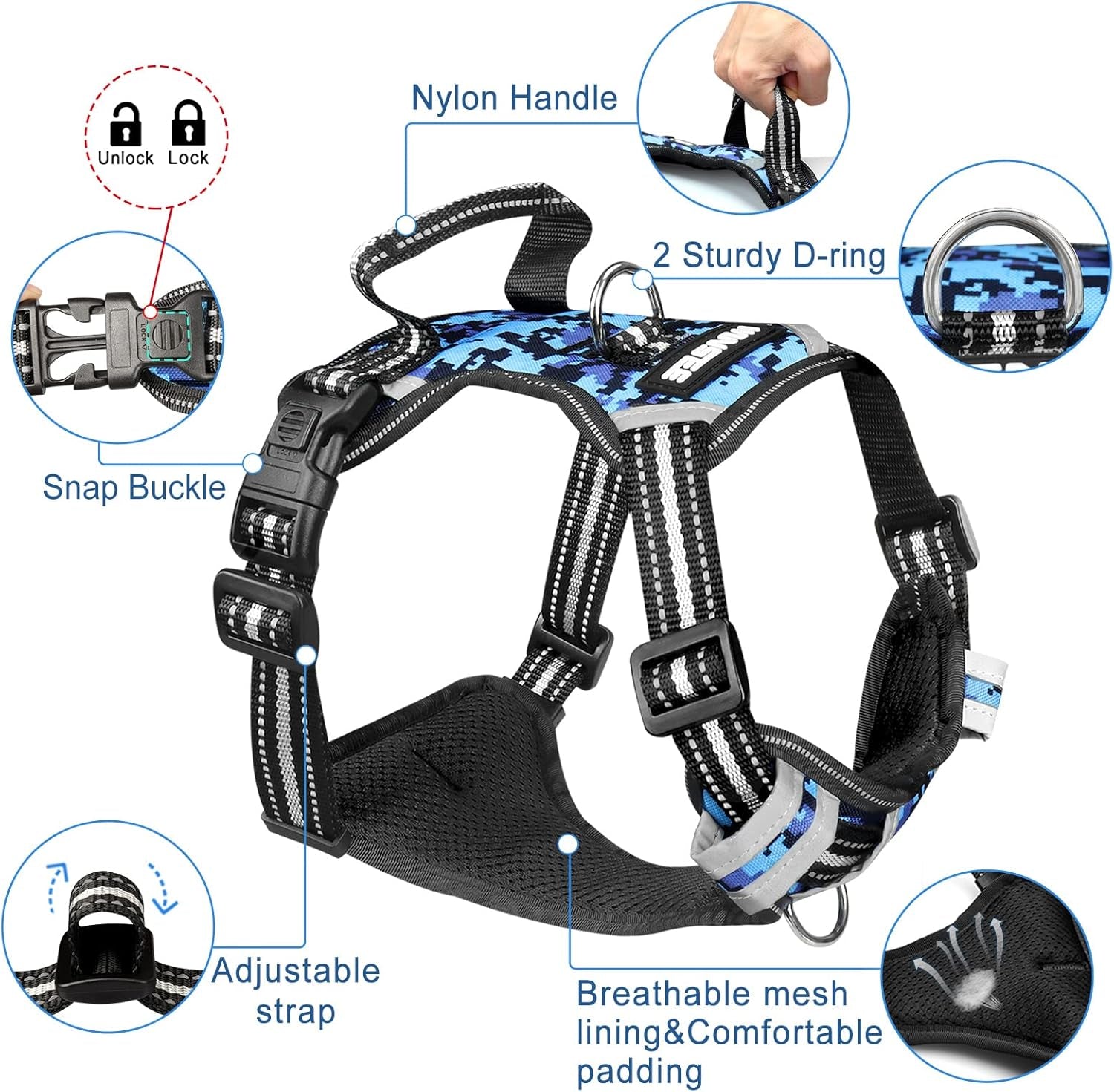 WINSEE No-Pull Dog Harness with Lockable Collar — Dual Front & Back Leash Clips, Reflective Straps & Top Handle | 1680D Oxford, Breathable Mesh | For Medium & Large Dogs