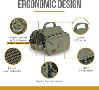 OneTigris Dog Hiking Backpack — Hoppy Camper 2.0 Saddle Bag for Medium & Large Dogs | Cotton Canvas, YKK Zippers & D-Ring | Camping, Trail & Travel Pack | Green, Large