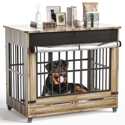 Luxury XL Wooden Dog Crate – Furniture-Style Kennel with Wheels, Double Doors & Reinforced Steel Bars