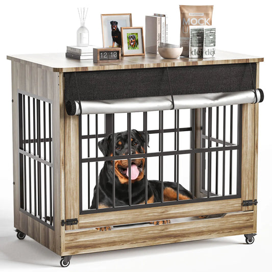 Luxury XL Wooden Dog Crate – Furniture-Style Kennel with Wheels, Double Doors & Reinforced Steel Bars