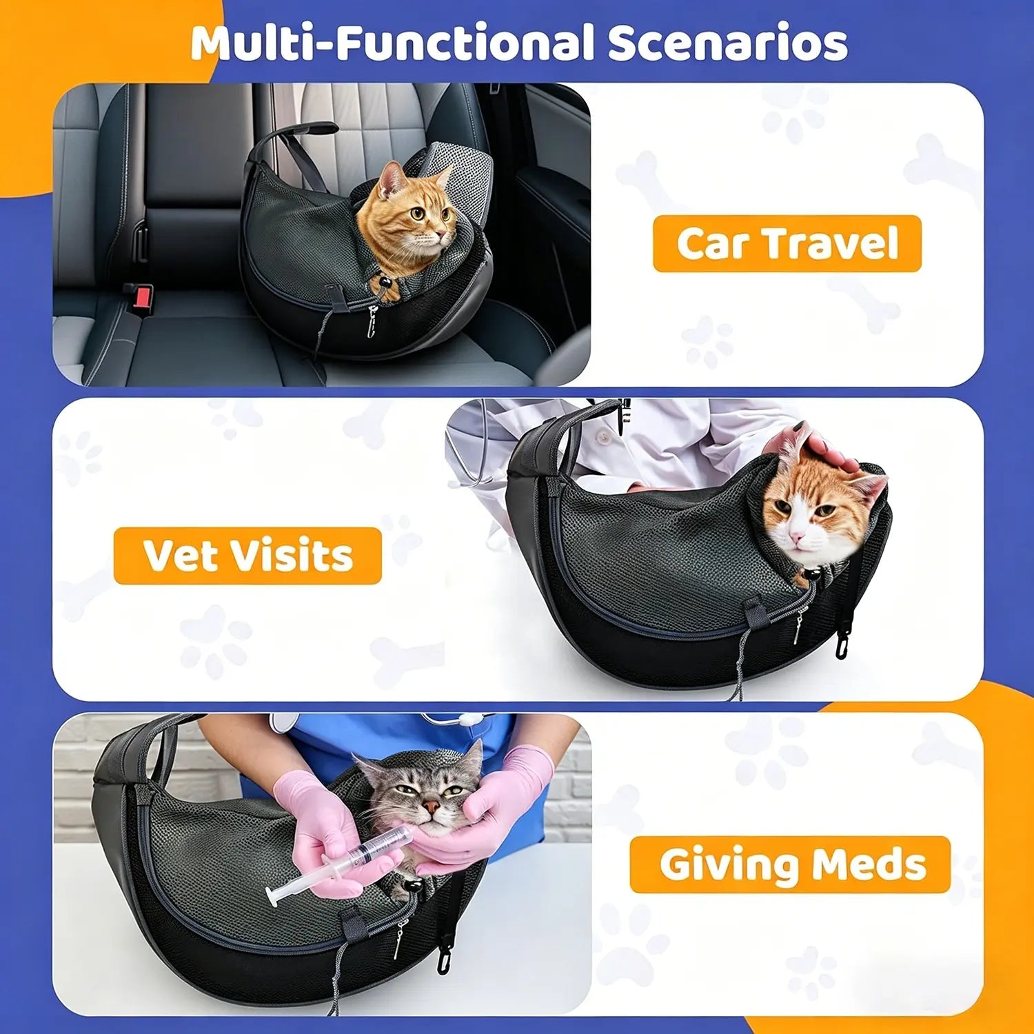 Pet Sling Carrier for Small Dogs & Cats — Hands-Free Crossbody Bag with Safety Hook, Breathable Mesh & Large Zipper Pocket | Adjustable Strap for Outdoor Use