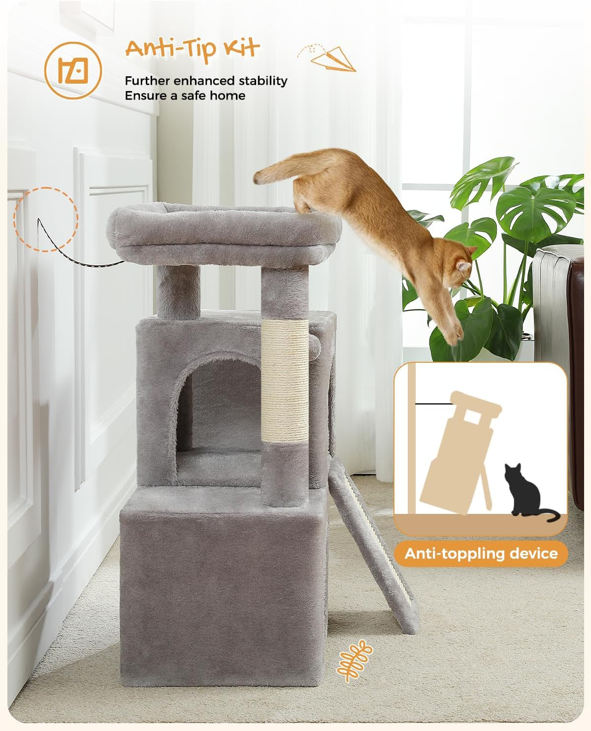 Cat Tree 30" — Dual Condos, Padded Perch, Scratching Ramp & Posts, 2 Dangling Balls | Plush Cat Tower for Indoor Cats | Sturdy, Wall-Anchorable | Gray