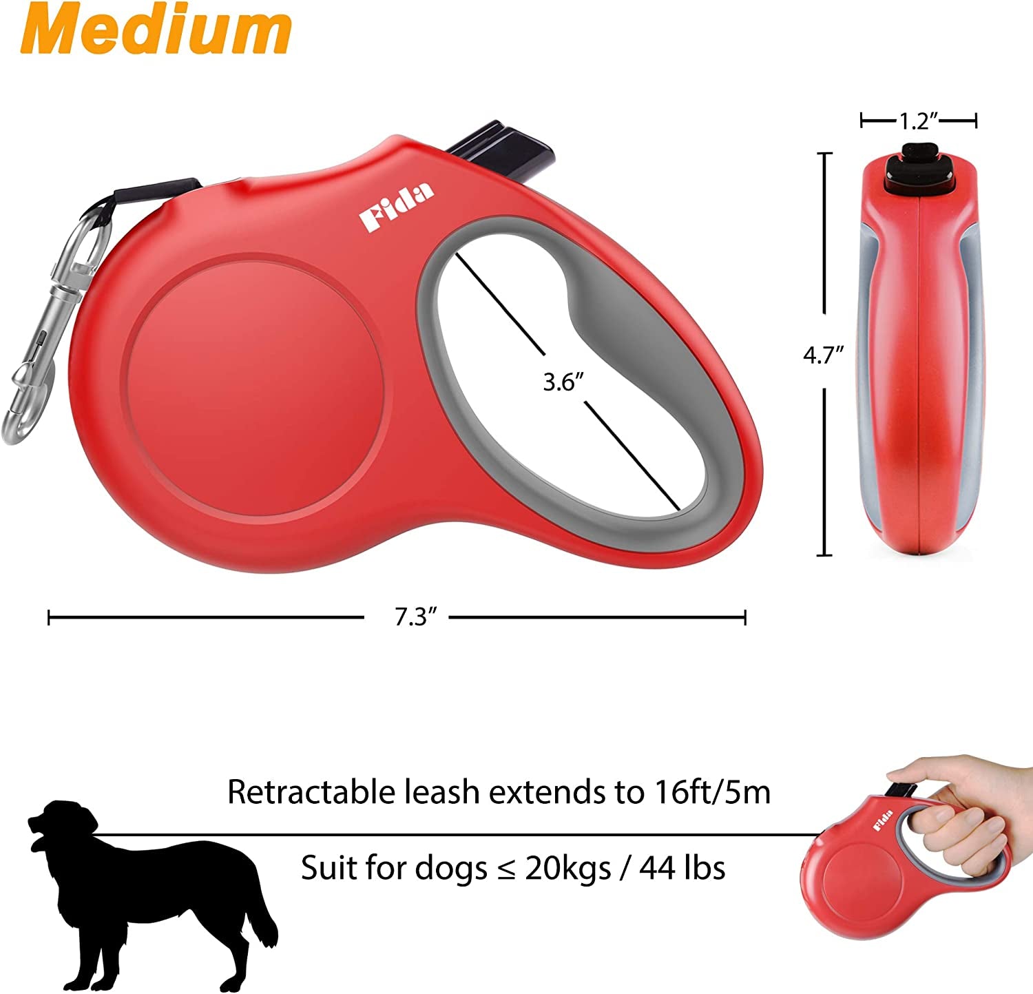 Retractable Dog Leash with Poop Bag Dispenser — 16ft, Anti-Slip Handle, Reflective & Tangle-Free Nylon Tape | For Medium Dogs & Cats up to 44 lbs | Medium, Red