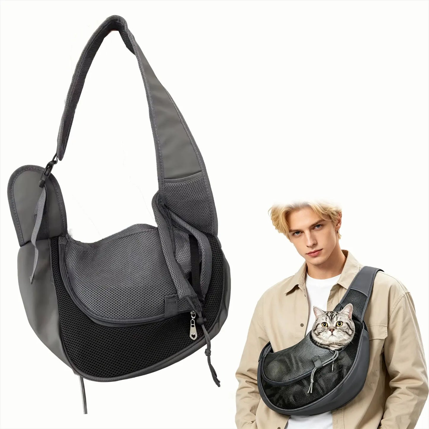 Pet Sling Carrier for Small Dogs & Cats — Hands-Free Crossbody Bag with Safety Hook, Breathable Mesh & Large Zipper Pocket | Adjustable Strap for Outdoor Use