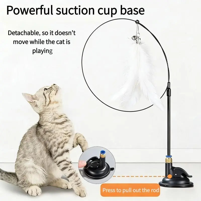 Suction Cup Feather Cat Toy — 2-in-1 Interactive Wand & Hands-Free Kitten Toy | Strong Suction Base for Floor, Wall & Window | Relieves Boredom & Anxiety