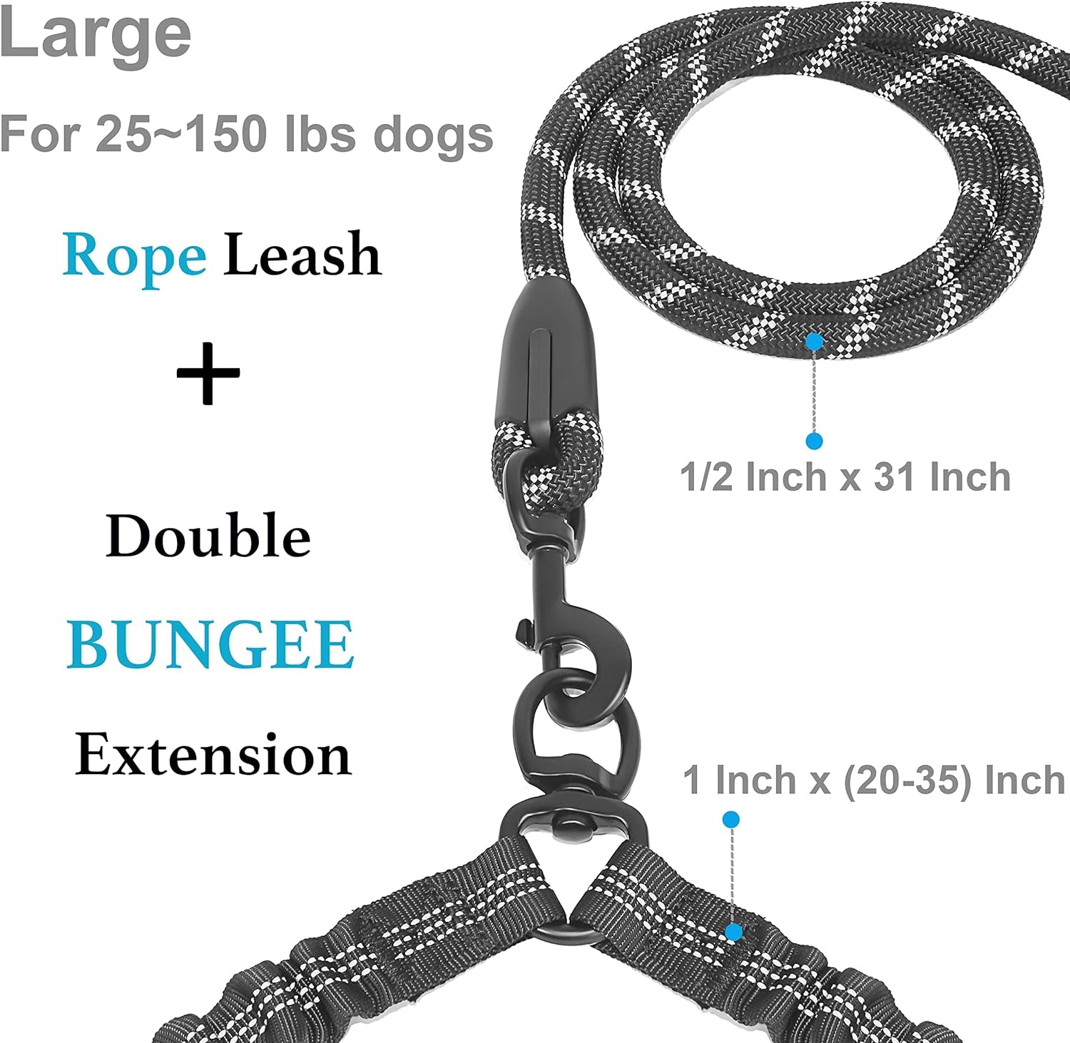 iYoShop Dual Dog Leash — 360° Swivel, No-Tangle Double Walking Leash with Shock-Absorbing Bungee | Padded Handle | For Two Large Dogs 25–150 lbs | Black