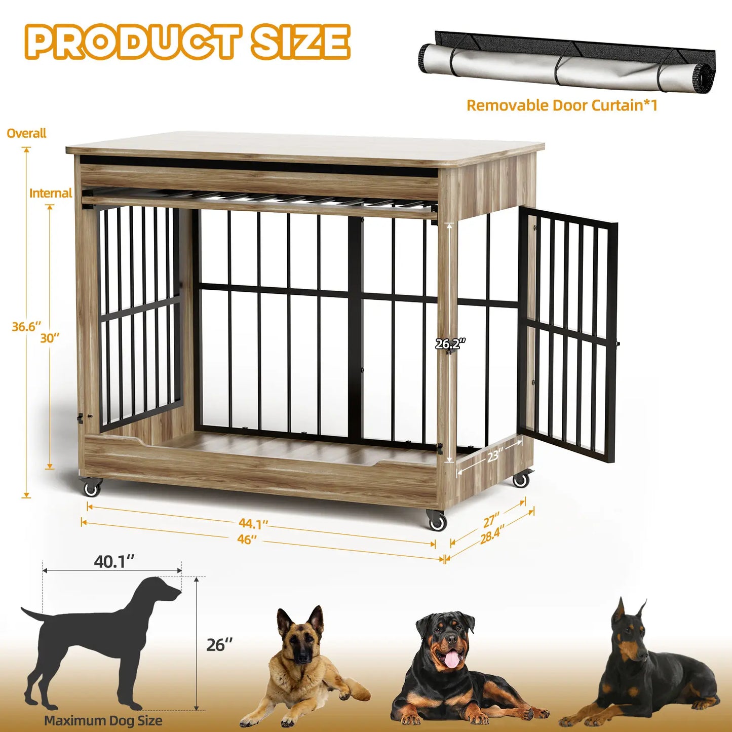 Luxury XL Wooden Dog Crate – Furniture-Style Kennel with Wheels, Double Doors & Reinforced Steel Bars