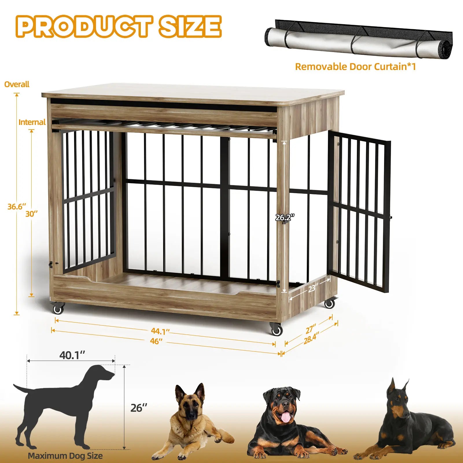Luxury XL Wooden Dog Crate – Furniture-Style Kennel with Wheels, Double Doors & Reinforced Steel Bars