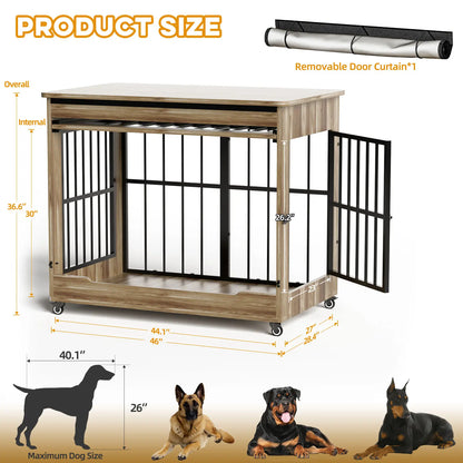 Luxury XL Wooden Dog Crate – Furniture-Style Kennel with Wheels, Double Doors & Reinforced Steel Bars