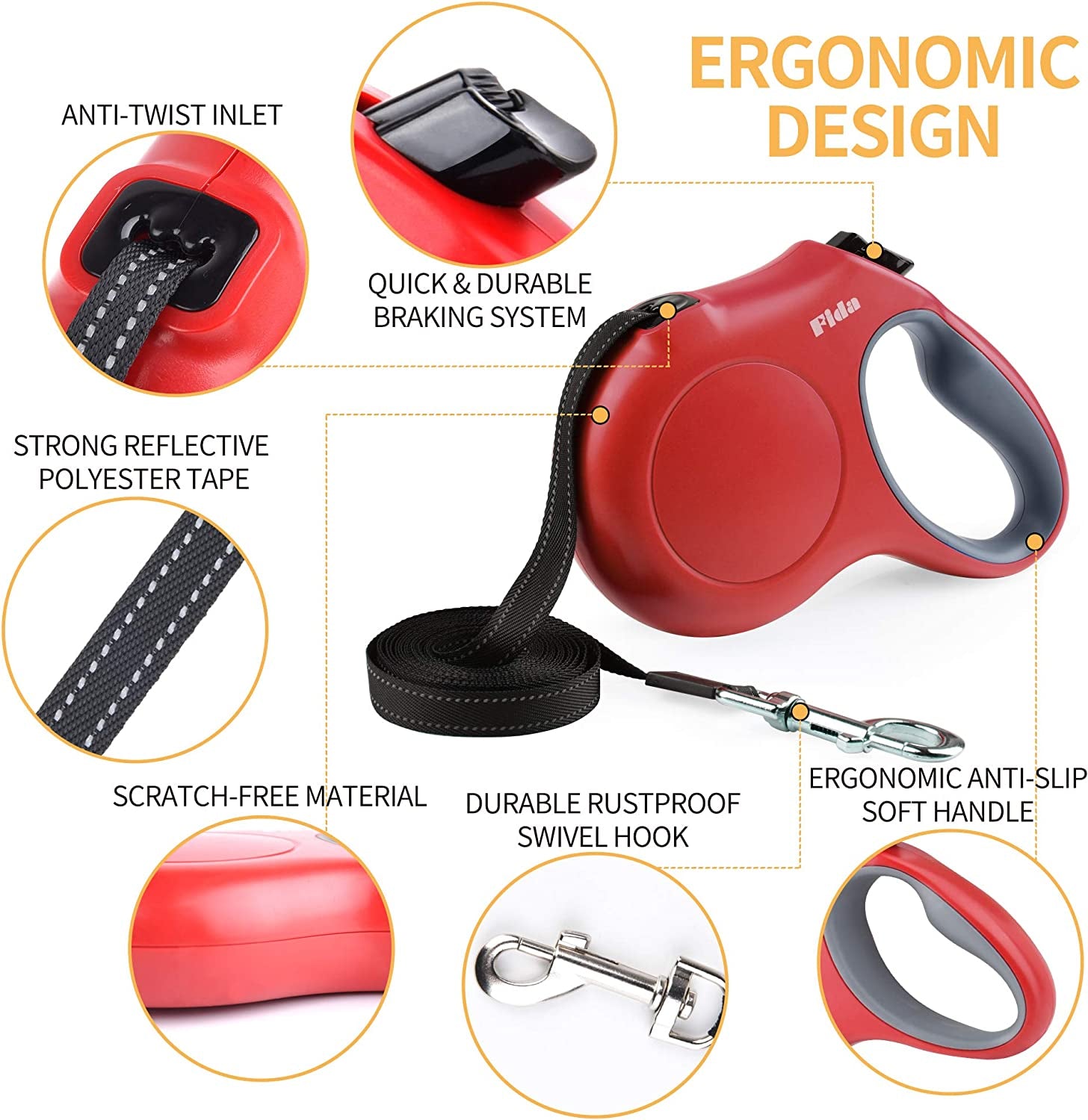Retractable Dog Leash with Poop Bag Dispenser — 16ft, Anti-Slip Handle, Reflective & Tangle-Free Nylon Tape | For Medium Dogs & Cats up to 44 lbs | Medium, Red