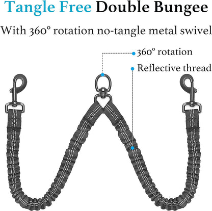 iYoShop Dual Dog Leash — 360° Swivel, No-Tangle Double Walking Leash with Shock-Absorbing Bungee | Padded Handle | For Two Large Dogs 25–150 lbs | Black