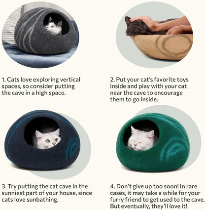Meowfia Cat Cave Bed — Handmade Merino Wool Cat Hideaway for Indoor Cats | Eco-Friendly, Temperature-Regulating, Dual-Use | Dark Gray, Medium