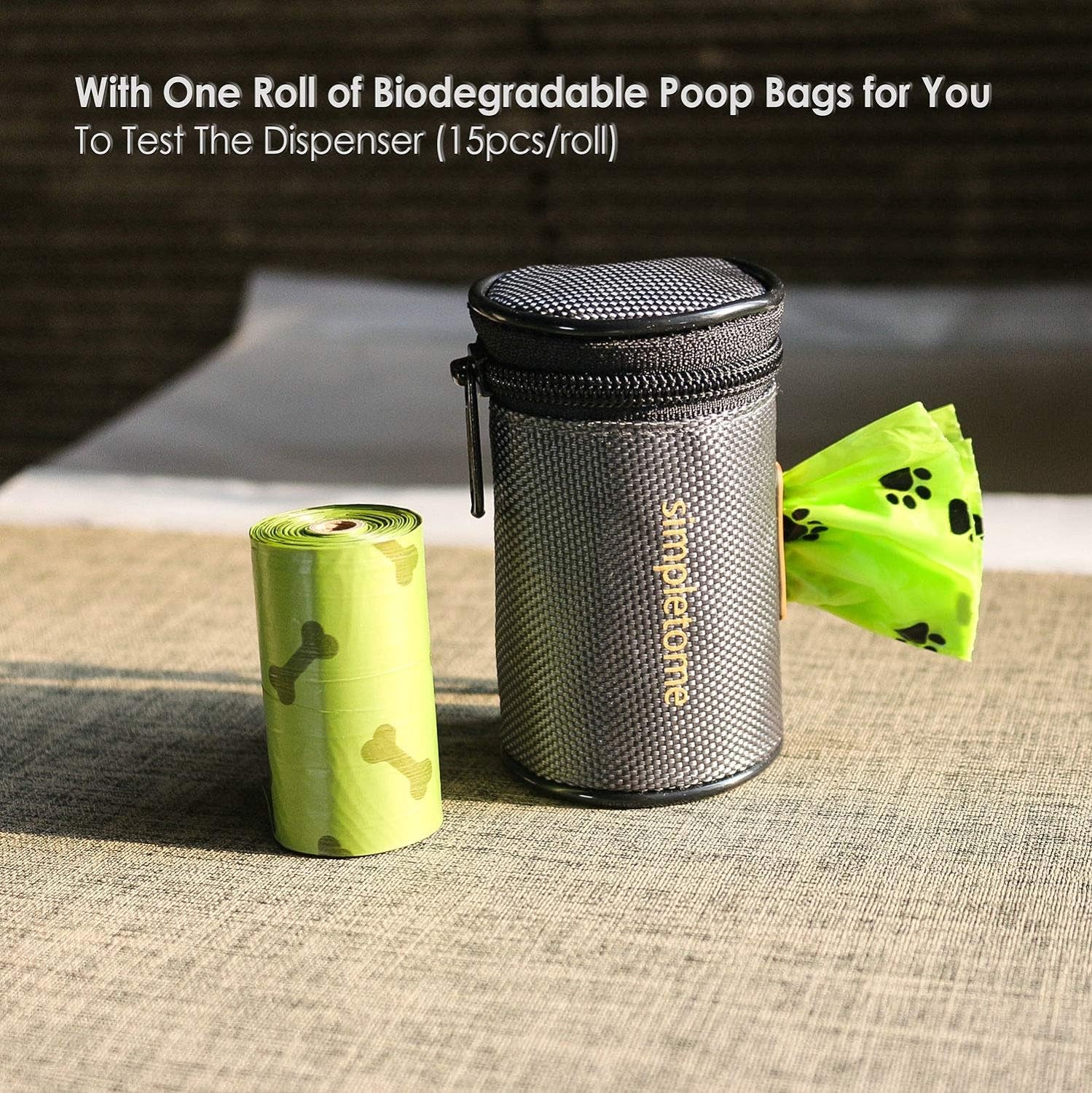 Dog Poop Bag Dispenser for Leash — 1680D Waterproof Oxford, YKK Zipper & 360° Rotating Hook | Silent, Anti-Bite & Reinforced | Includes 1 Free Roll | Grey